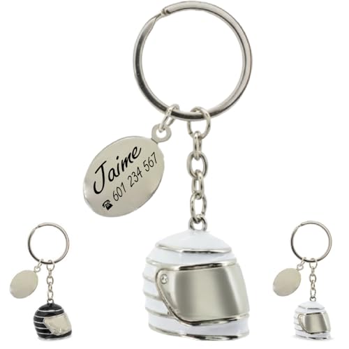 ibera gifts - Llavero Personalizado Casco De Moto Grabado Con Láser • Llavero Con Nombre Y Mensaje • Regalo Original Para Motoristas, Hombre, Mujer, Pareja, Aniversario (Casco blanco)
