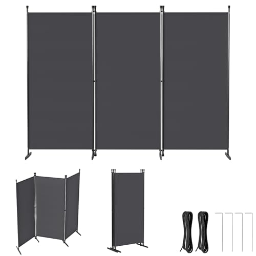 Froadp Paravent Raumteiler 3 Teilig 240x180cm Faltbarer Raumtrenner Flexible Stellwand Sichtschutz mit Erdnägeln und Seilen Freistehend Trennwand für Wohnzimmer Büros Balkon Garten Dunkelgrau