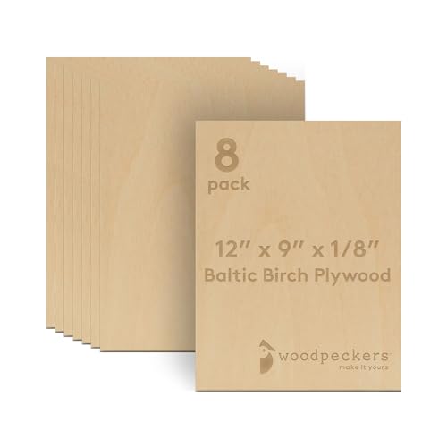 3 mm Baltic Birch Plywood 1/8 x 9 x 12 Inch Box of 8 B/BB Grade Craft Wood Stronger Than Basswood Sheets for Laser CNC Cutting and Wood Burning by Woodpeckers
