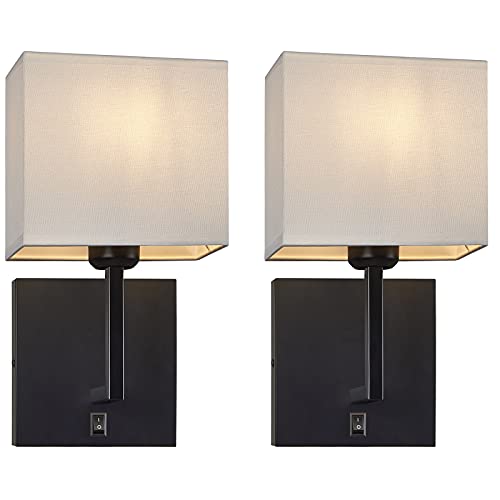 Image of Modern Hard Wired Wall Sconces Set of 2 with on /Off Switch and Square White Fabric Shade,Wall Mounted Light for Living Room Fireplace Mantel Foyer Hallway