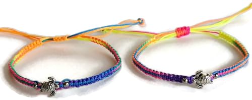 Image of Set of 2 Turtle Pendant Lucky Braided Bracelets Adjustable Fancy Color A-0048