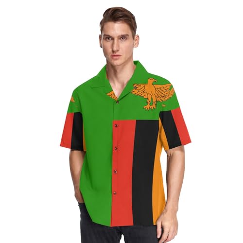 GuoChe Chemise hawaïenne boutonnée décontractée à manches courtes pour homme, vêtements de sport 3XL, Drapeau de la Zambie, M