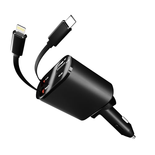Image of AILKIN 120W High-Speed 4-in-1 Car Charger with Built-in Retractable Cables, Dual USB Ports, Universal Fast Charging for Smartphones & Tablets - Black Colour