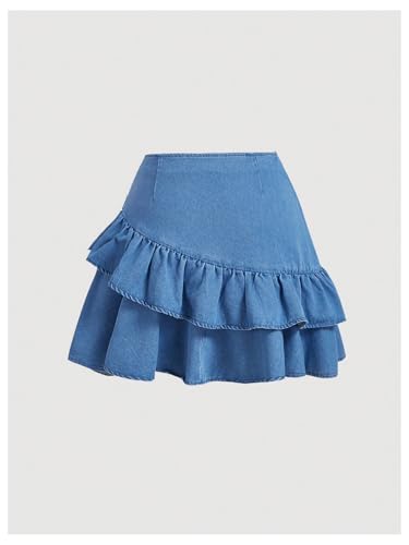 WDIRARA Women's Bow Layered A Line Jean Skirts Ruffle High Waisted Denim Mini Skirt2