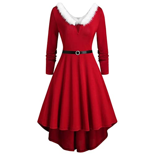 Damen Weihnachten Kleider Langarm Weihnachtskleid Vintage Hepburn Cocktailkleid Weihnachten Druck Partykleid A-Linie Swing Kleid Dress