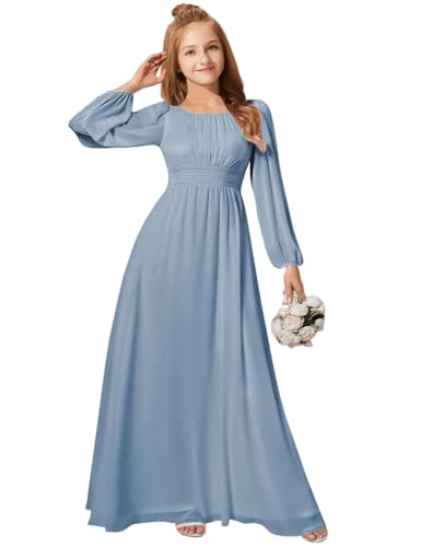 MRHUSH Junior Bridesmaid Dresses Chiffon Flower Girl Dress Long Sleeve Girls Formal Dresses Pleated Wedding Party Dress
