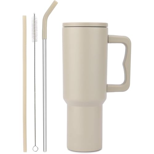 Image of Zephorus Personalised with Your Name,1200ml with Straw-Handle - Stainless Steel Double Wall Insulated Cup| Leakproof Sipper Mug for Hot - Cold Drinks|Coffee-Water (40 - Oz - Cream)