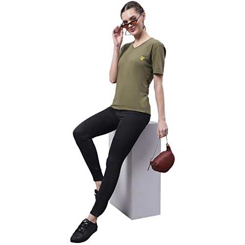Image of Mack Jonney Women V Neck Cotton Solid Regular Fit T-Shirt-V Anthraa 001-P