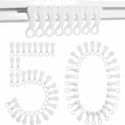50PCS Curtain Track Gliders White Plastic Curtain Track Runners Hooks for Old Tracks Strong Easy-Fit Rail Glider Hooks for Smooth Sliding for Window Door Living Room & Bedroom Curtains