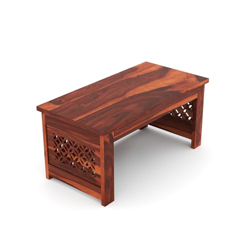 Image of Sheesham Wooden Center Coffee Table for Home Furniture | Solid Wood Center Table for Living Room, Wooden Sofa Center Table Side Teaopy Table CNC- Honey Finish