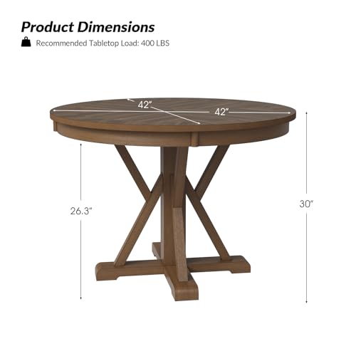 HULALA HOME Round Dining Table for 4, 42\" Rustic Farmhouse Pedestal Table with White Brushed Finish, Solid Rubberwood Base(Walnut)