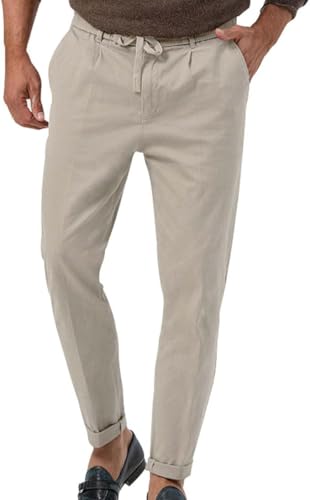 Mens Business Casual Slim Tapered Linen Pants Lightweight Stretch Golf Pant Beach Vacation Yoga Pant with Pockets (Brown,X-Large)