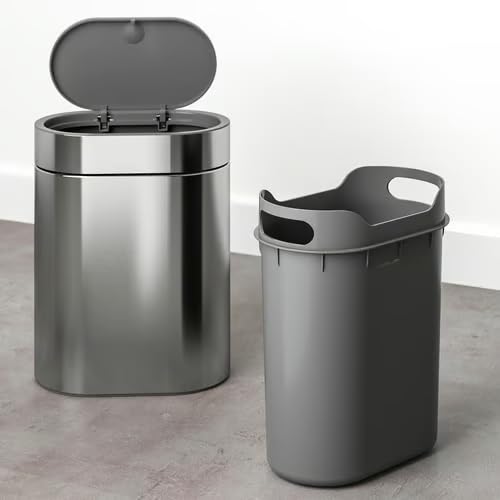 Set of 2 Touch Top Trash Cans - 1 Gallon Stainless Steel, Fingerprint-Proof, Compact Kitchen & Bathroom Waste Bins with Handle, Inner Bucket & Wall-Mount Option