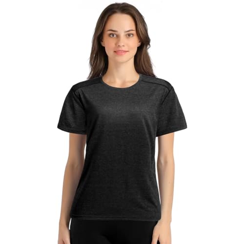 Aomig Camiseta Deporte Mujer, Camisetas Deportiva Mujer de Manga Corta y Cuello Redondo, Ropa Deportiva Mujer Camiseta Técnica Elástica de Manga para Running Gimnasio Uso Diario, Gris