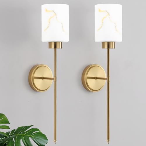 Image of Gold Wall Sconces Set of 2 with Marble Glass Shade, Modern Bathroom Vanity Light Fixtures for Bedroom, Hallway, Entryway, Living Room
