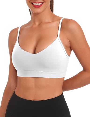Buauty V Neck Sports Bra for Women, Padded Push up Women's Sport Bras Adjustable Thin Straps, Light Support Yoga Camisole Basic Top, Low Impact Spaghetti Strap Sport Racerback Bras White L