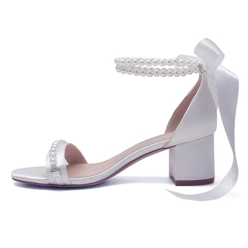 Image of Block Heel Wedding Sandals, Pearl Embellished Ankle Strap, Low Heel Bridal Shoes for Women, Size EU 36-41