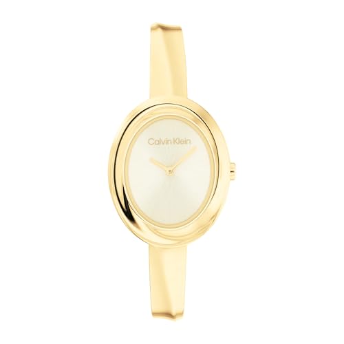 Calvin Klein Zwei-Zeiger-Quarzwerk-Uhr für Damen Kollektion Twisted Bezel mit Goldfarben mit Armreif aus Edelstahl - 25100056