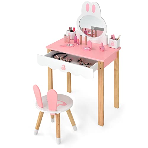 RELAX4LIFE 2 en 1 Tocador de Maquillaje para Niñas con Espejo Extraíble y Taburete, Tocador Niña de MDF y Madera Maciza con 1 Cajón y 2 Organizadores para Niños 3+ Años (Rosa)