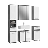 xonox.home Badezimmer Blake 5tlg. Kombination Badmöbel Set Set für kleine Bäder Komplettprogramm Badezimmer Bademöbel-Set in weiß Hochglanz, rauchsilber Nachbildung