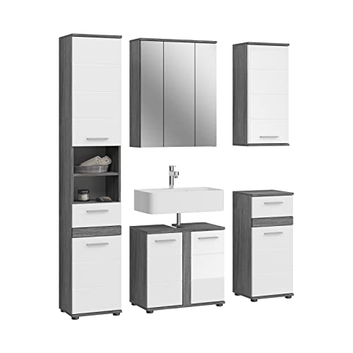 xonox.home Badezimmer Blake 5tlg. Kombination Badmöbel Set Set für kleine Bäder Komplettprogramm Badezimmer Bademöbel-Set in weiß Hochglanz, rauchsilber Nachbildung