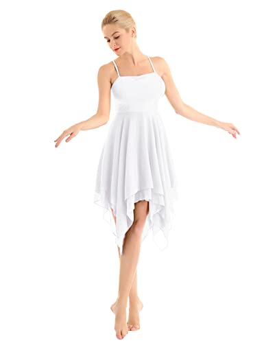 Agoky Damen Ballettkleid Ballettanzug Träger Kleid Asymmetrisch Latin Tanzkleider ärmellos Ballett Trikot Body Wickelrock 34 36 38 40 42 44 Weiß A...