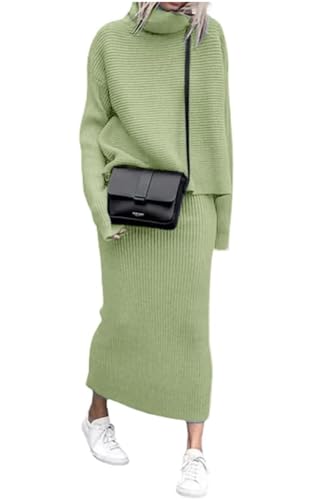 Image of ebossy Womens Ribbed Knit Sweater Outfits Casual Loose 2 Piece Turtleneck Pullovers Elastic Waist Maxi Skirt Sets