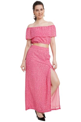 Image of POPWINGS Casual Floral Printed Off-Shoulder Crop Top and Long Slit Skirt Co-Ord Set for Women || Co-Ords Set for Women Stylish Western || Off-Shoulder Crop Top and Long Slit Skirt Set for Women