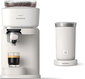 Philips Baristina Espresso Machine+Milk Frother Bundle. Real espresso. Compact coffee machine, portafilter, grinder, Cafe Crema. Dairy & Non-Dairy Milk foam​. Hot & Cold. Easy Clean. White (BAR303/00)
