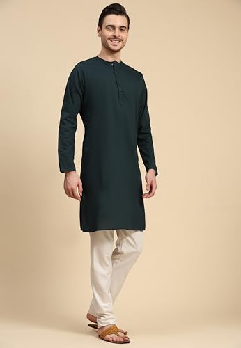 Image of SKAVIJ Men's Pure Cotton Solid Kurta Pajama Set Round Neck Casual Yoga Dress (KP096green Green L)
