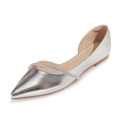Women's Pointed Toe Silver Ballet Flats Fashion Rhinestones Slip-On Flats Comfortable Casual Dress Flat Shoes