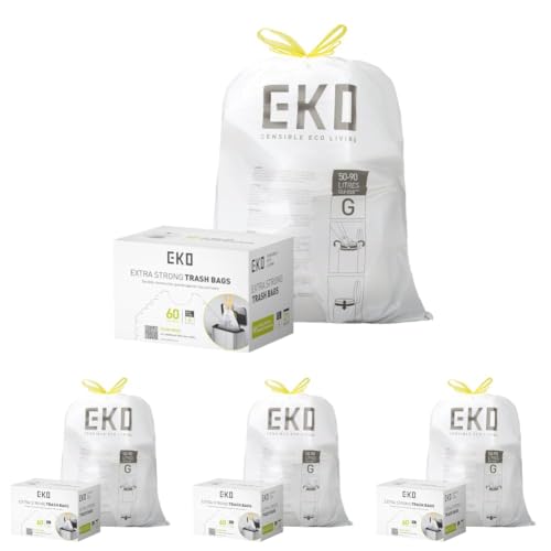 Image of EKO 21 Gallon / 50-90 Liter, Drawstring Trash Bags, Extra-Strong Unscented Garbage Bags, Easy-Dispense Roll for Kitchen & Household Use, Code G, White 60 Count (Pack of 4)