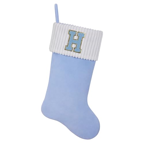 Shgngle 20 Inches Letter Embroidered Christmas Stocking,Personalized Light Blue Velvet Christmas Stocking,Family Holiday Decorations and Xmas Gift(H)