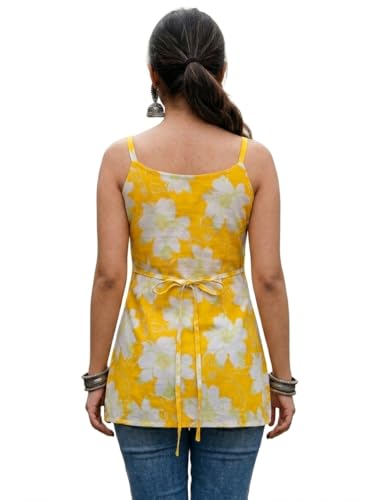 Image of Women's Cotton Floral Printed Short Kurti - Sleeveless Tie-Up Shoulder Casual Summer Tunic Top - Soft & Breathable Floral Kurti