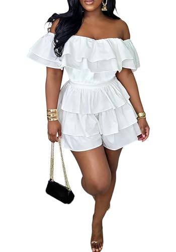 Geulis Womens Boho off Shoulder Rompers Summer Ruffle Dresses Short Sleeve Tiered Short Jumpsuits