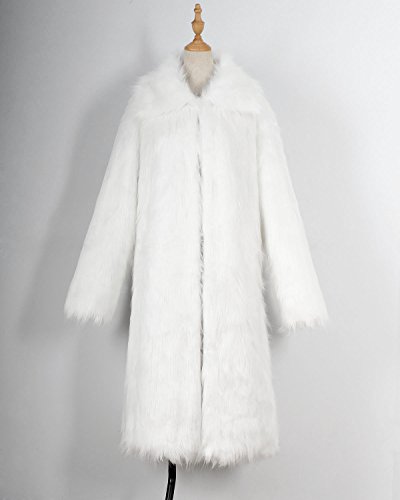 Amore Bridal Mens Faux Fur Coat Long Black Jacket Warm Furry Overcoat Outwear White M