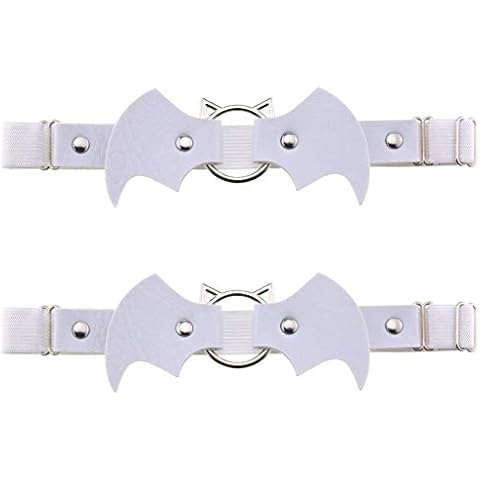 Women Girl Leather Bat Garters Punk Rock Rivet Leg Elastic Garter Suspender 2pcs, White B, One Size Cover