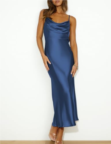 Image of Summer Satin Spaghetti Strap Cowl Neck Backless Midi Dresses for Women Elegant Tie Low Back Ruched Cocktail Dress