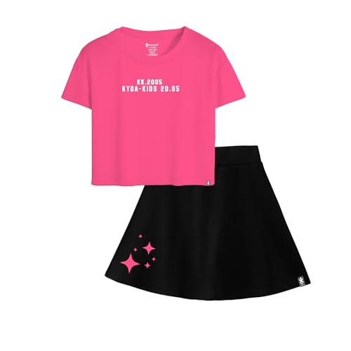 Image of KYDA KIDS 100% Pure Cotton Girls Printed Crop Top and Skirt with Attached Inner shorts Co-ords Set