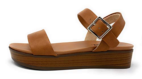 SODA Women's NEB Open Toe Ankle Strap Stacked Flatform Wedge Sandal (8.5, Tan)
