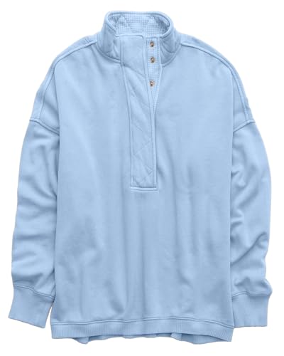 Gacaky Sweatshirt for Women Oversized Casual Long Sleeve Button Henley Neck Pullover Tops Fashion Outfits Clothes Blue Large