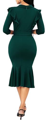 Image of SxClub Elegant Dress for Women Sexy 3 /4 Sleeve Business Knee Length Dresses Fishtail Zipper Belt