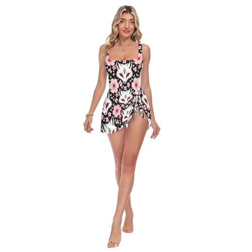 Maillot de bain une pièce renard japonais et fleur de cerisier pour femme