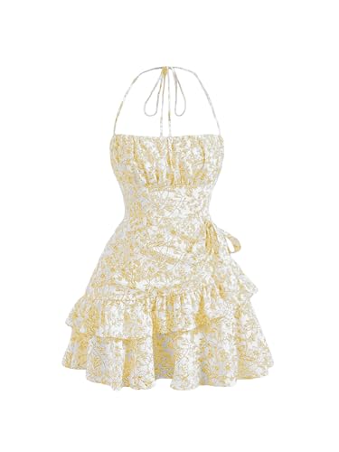 Image of Floerns Women's Floral Halter Ruffle Tiered Cute Summer Mini Dress Milkmaid Vacation Sundress