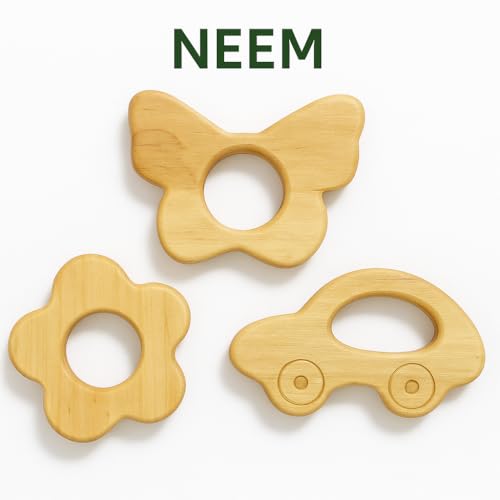 Image of Shark Doo Doo Neem Wood Baby Teether Combo (Car, Butterfly & Flower) | Organic & Handcrafted | Paint-Free, Antibacterial Teething Toy for Babies