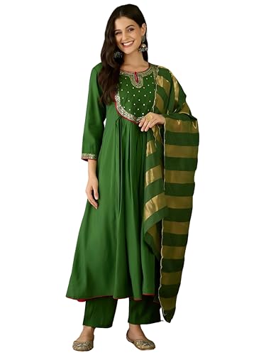 Image of Naixa Women's Chanderi Embroidered Flared Kurta with Pant and Dupatta Sets (NX-762)