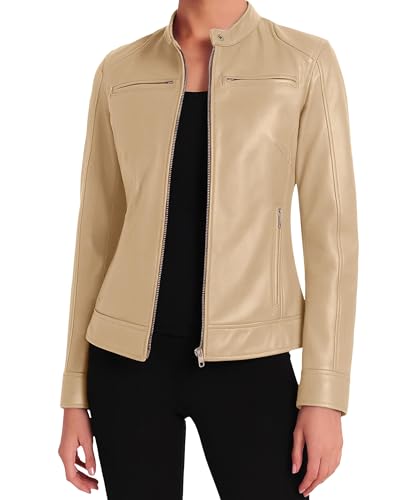 J'Jackin Womens Beige Leather Jacket - Trendy Real Lambskin Leather Jackets for Women | Ddge Beige, Medium