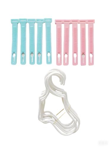 10 Pack White Plastic Hangers for Kids' Socks - with 5 Blue & 5 Pink Windproof Hanger Clips Connection Hooks