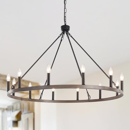 Image of 12-Lights Brown Wagon Wheel Chandelier Industrial Hanging Light Fixture for Dining Room Farmhouse Round Chandeliers for Living Room Foyer Hallway Kitchen Island Entryway