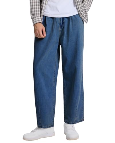 YEXPINE Baggy Jeans for Men Pleated Wide Leg Elastic Waist Denim Pants Y2K Streetwear Blue